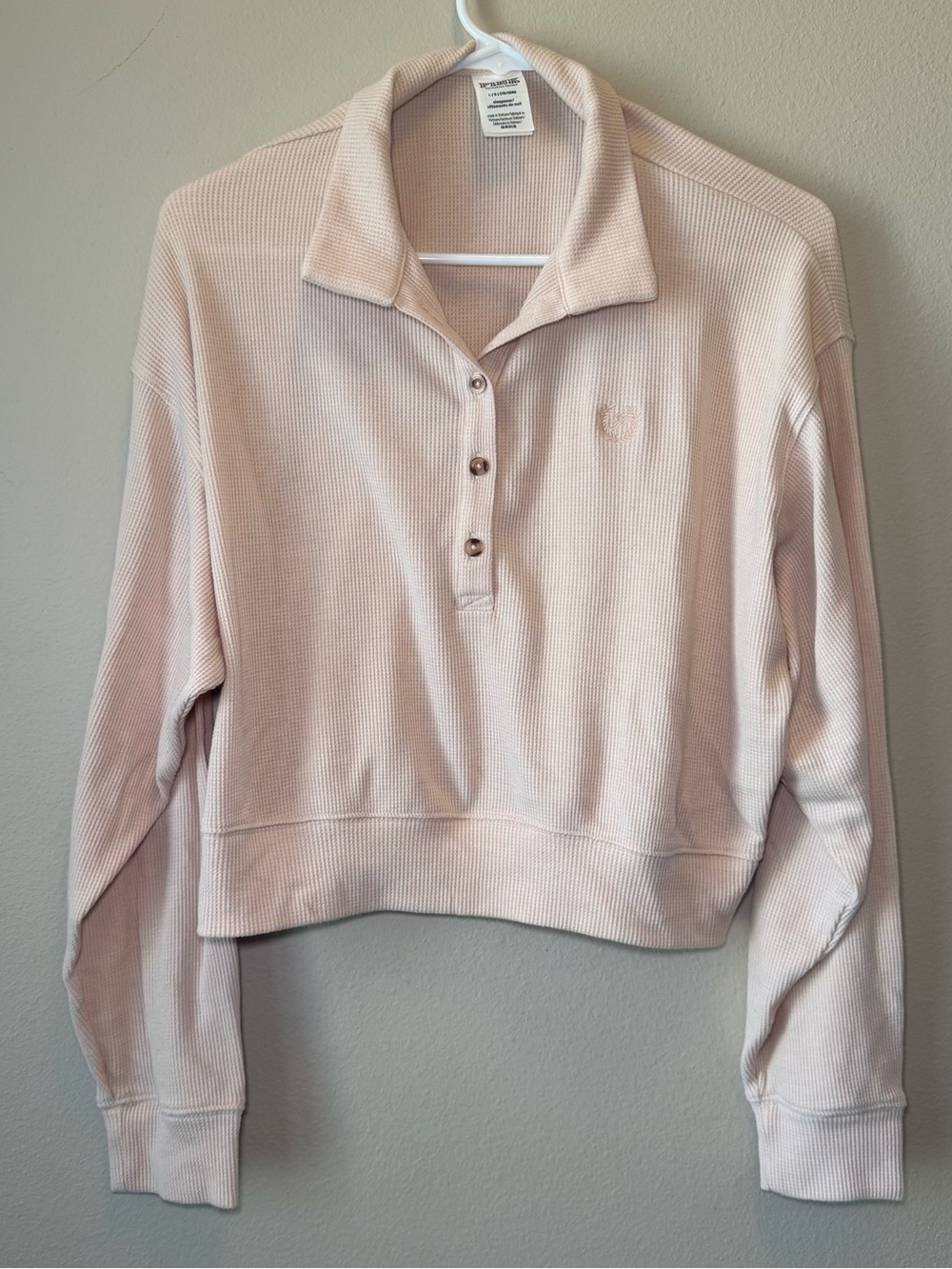 VS PINK L Cropped Thermal Sleep Shirt Pastel Pink Collared Waffle Long Sleeve